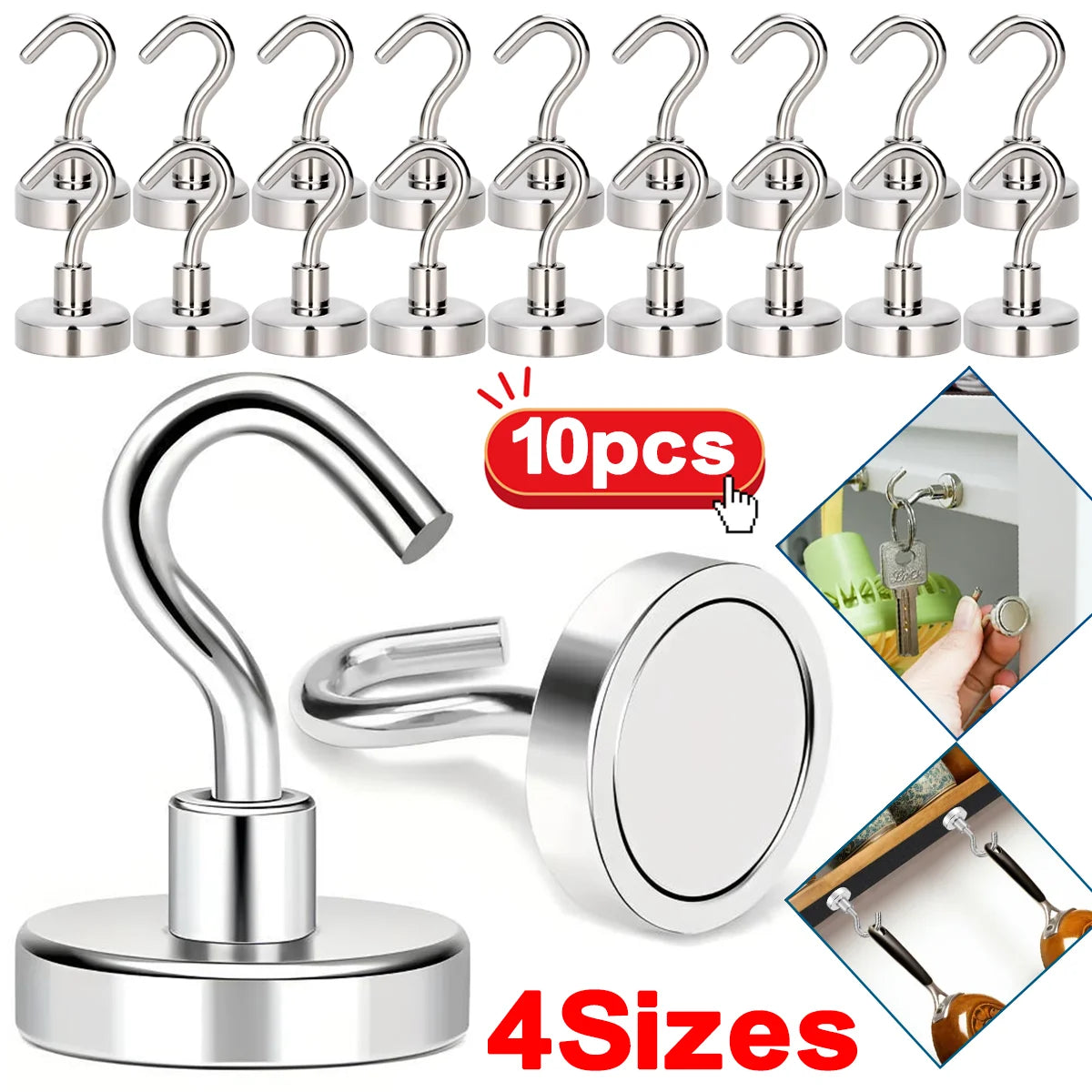Lot de 10 Crochets Magnétiques Puissants & Polyvalents - Jusqu'à 12kg