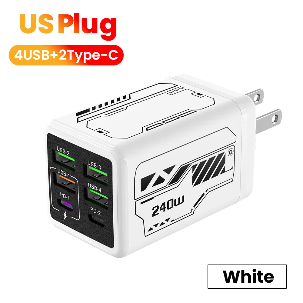 Chargeur USB-C 240W Ultra Rapide – 6 Ports (4 USB + 2 Type-C) PD3.0 pour iPhone et Samsung