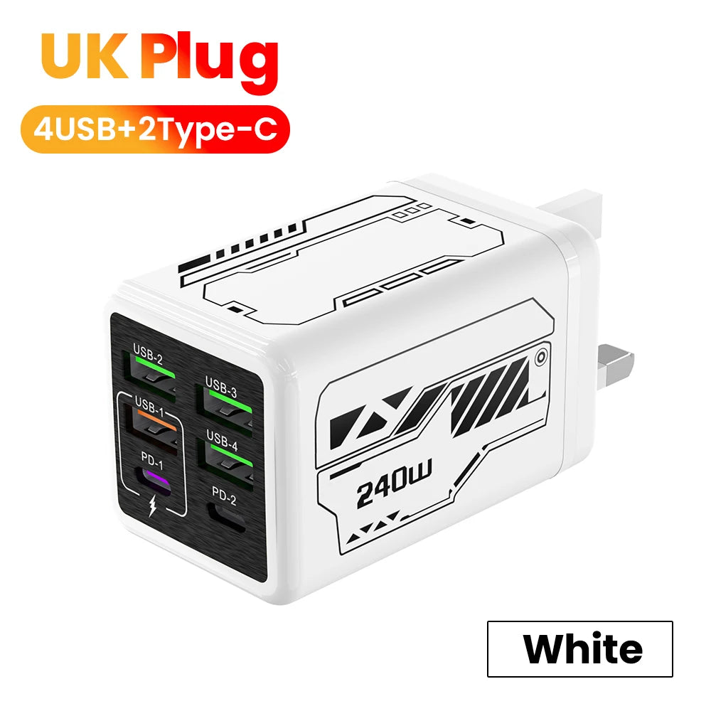 Chargeur USB-C 240W Ultra Rapide – 6 Ports (4 USB + 2 Type-C) PD3.0 pour iPhone et Samsung