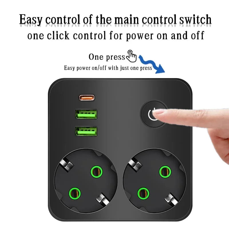 Regleta con interruptor de encendido/apagado - 2 tomas/ 2 puertos USB/ 1 puerto USB Tipo-C