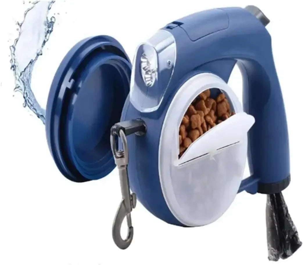 Laisse rétractable 4 en 1 - Gamelles Croquettes & Eau, Sac extrêment et Lampe Torche