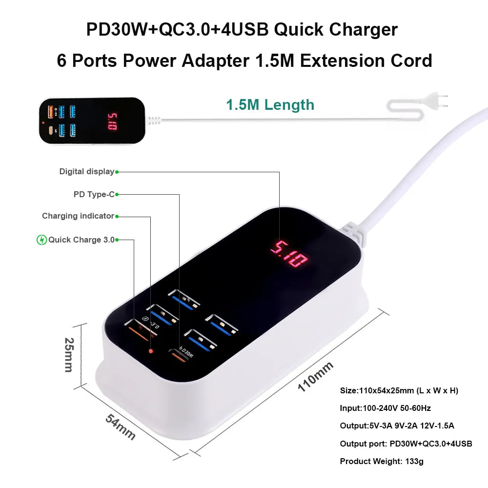 Hub Chargeur USB 6 en 1 30W Type C et USB - 1,5 mètre