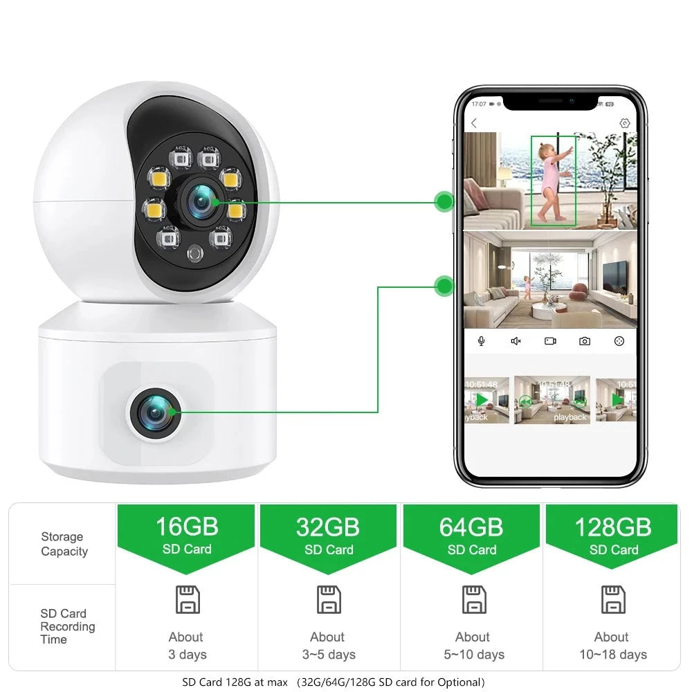 Caméra de surveillance 2K Wifi à double objectif + Carte SD 32G OFFERTE