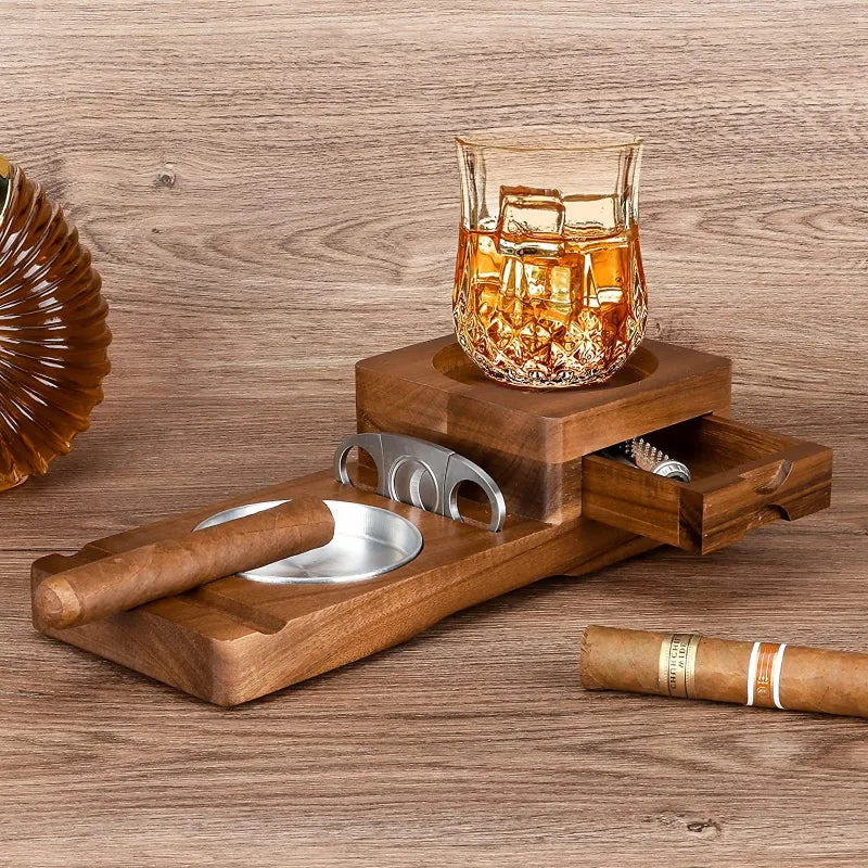 WHISKY WOOD - Set Cendrier Cigare et dessous de verre Whiksy en Bois massif