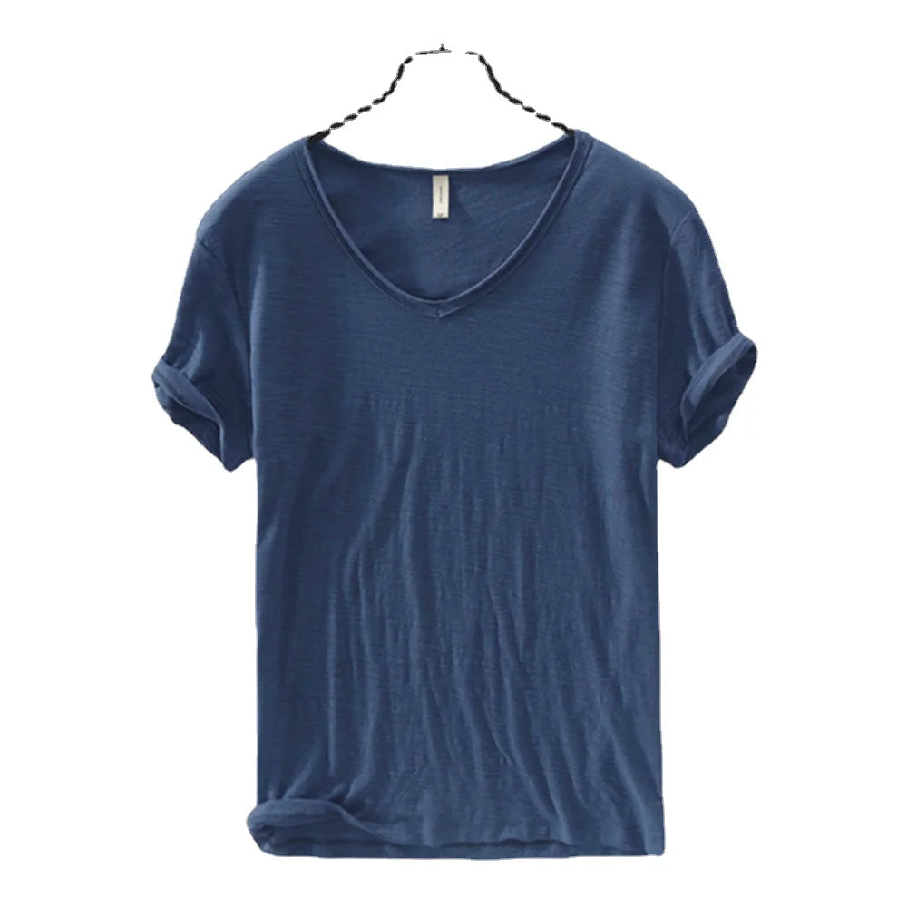 T-Shirt Slim à Manches Courtes et Col en V en coton pour Homme