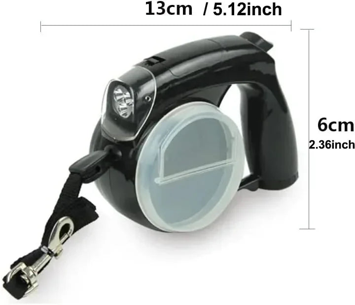 Laisse rétractable 4 en 1 - Gamelles Croquettes & Eau, Sac extrêment et Lampe Torche