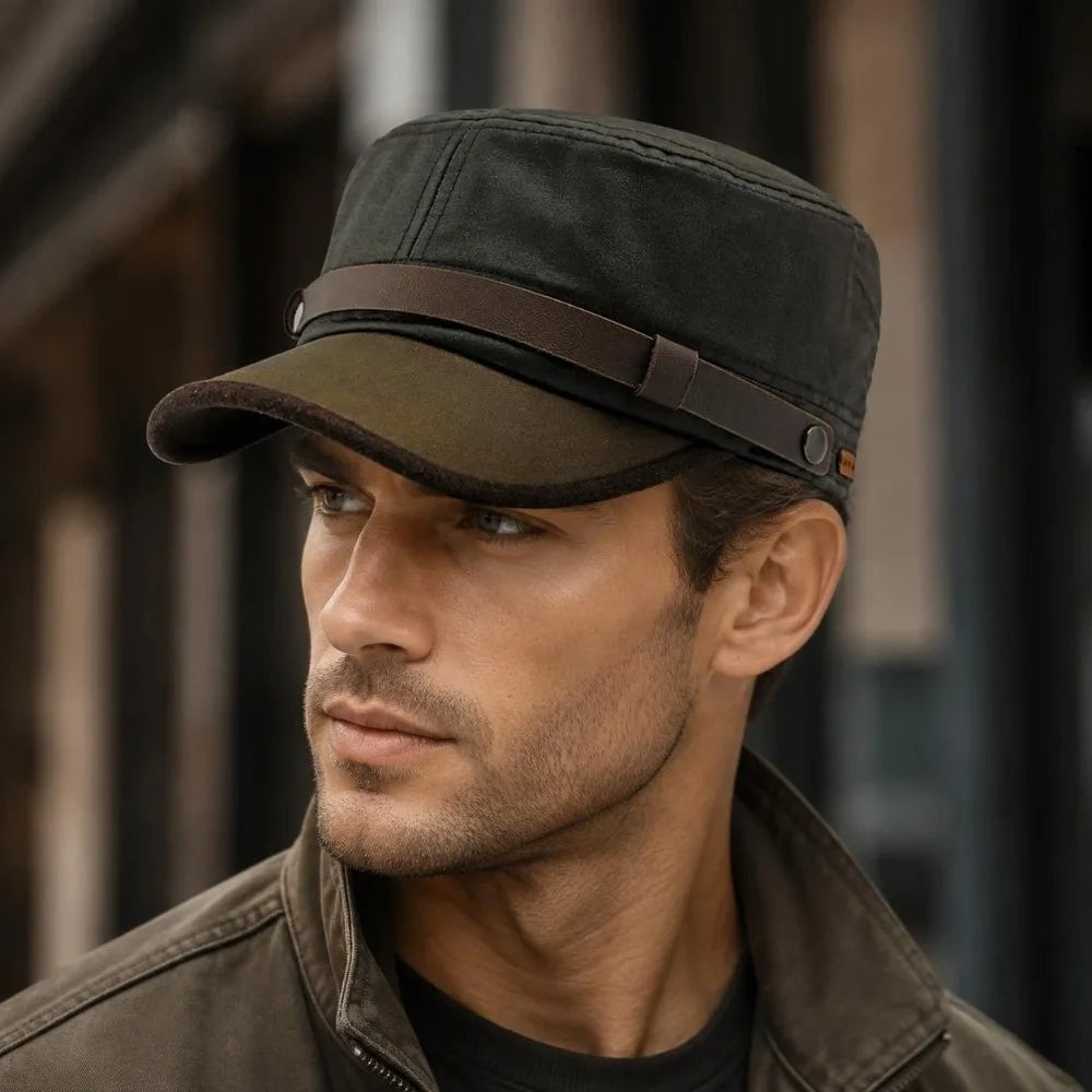 Casquette Militaire Homme Vintage en Toile Cirée Imperméable – Style Rétro Automne/Hiver