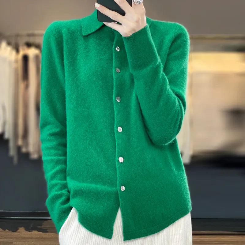 Cárdigan de lana con cuello polo y botones de nácar para mujer
