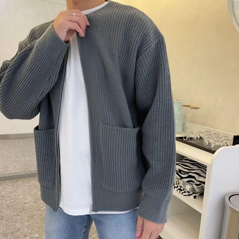Cardigan Simple à Col Rond et Fermeture Éclair pour Homme