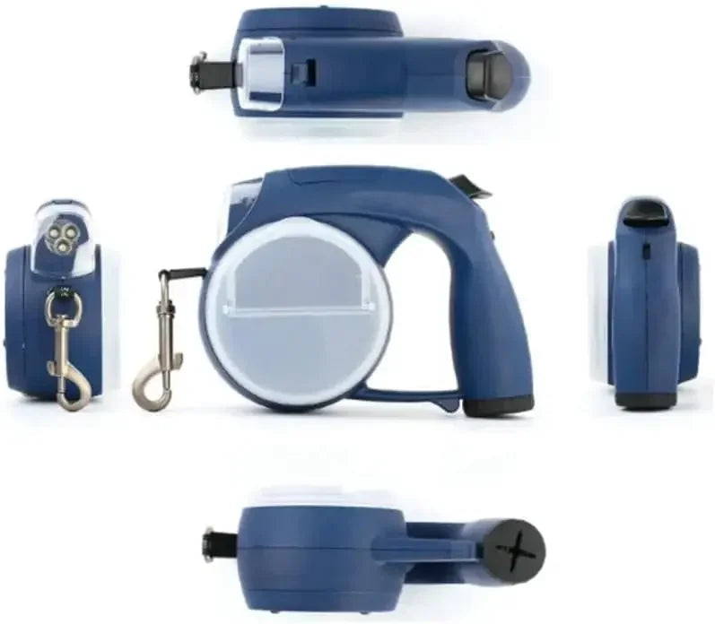 Laisse rétractable 4 en 1 - Gamelles Croquettes & Eau, Sac extrêment et Lampe Torche