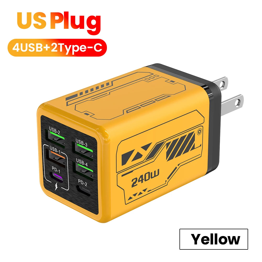 Chargeur USB-C 240W Ultra Rapide – 6 Ports (4 USB + 2 Type-C) PD3.0 pour iPhone et Samsung