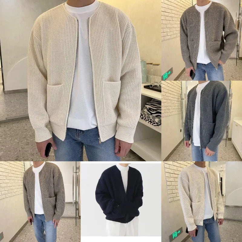 Cardigan Simple à Col Rond et Fermeture Éclair pour Homme