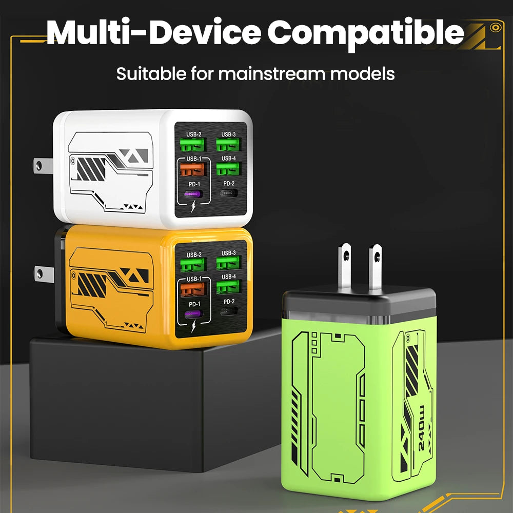 Chargeur USB-C 240W Ultra Rapide – 6 Ports (4 USB + 2 Type-C) PD3.0 pour iPhone et Samsung