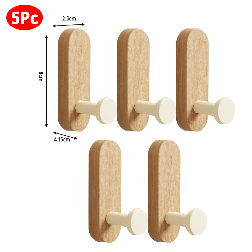 Lot de 5 Crochets Auto-adhésifs en Bois Multifonctions