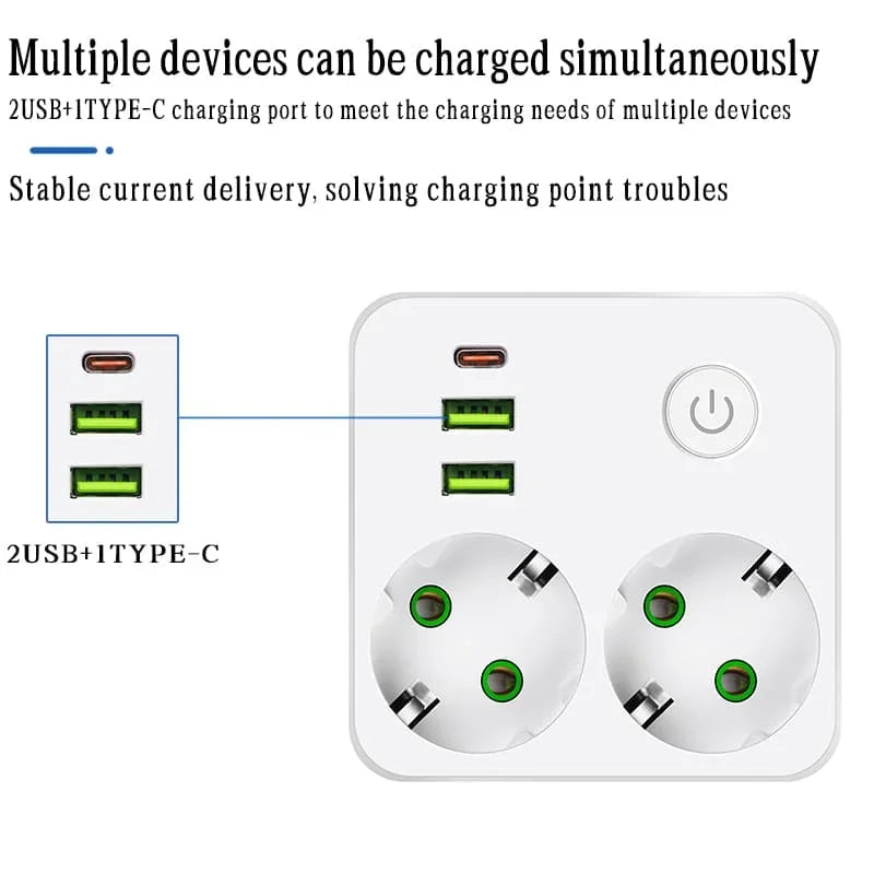 Regleta con interruptor de encendido/apagado - 2 tomas/ 2 puertos USB/ 1 puerto USB Tipo-C
