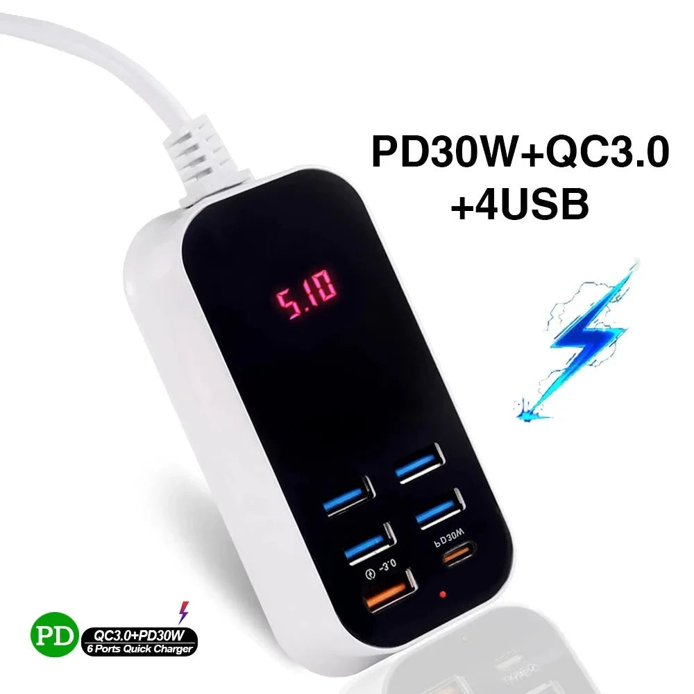 Hub Chargeur USB 6 en 1 30W Type C et USB - 1,5 mètre