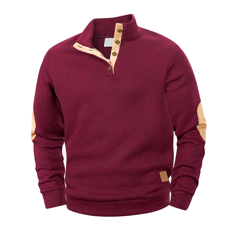 Pull Décontracté pour Homme - Détail Col Montant à Boutons & Coudières