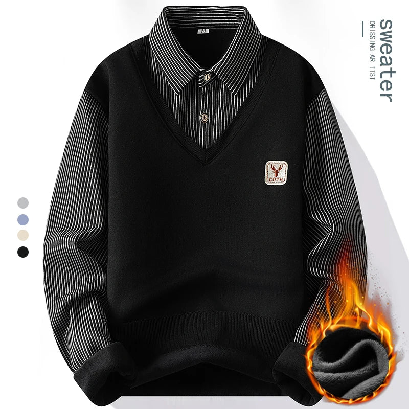 Pull 2 en 1 avec Chemise à Rayures Doublure Polaire