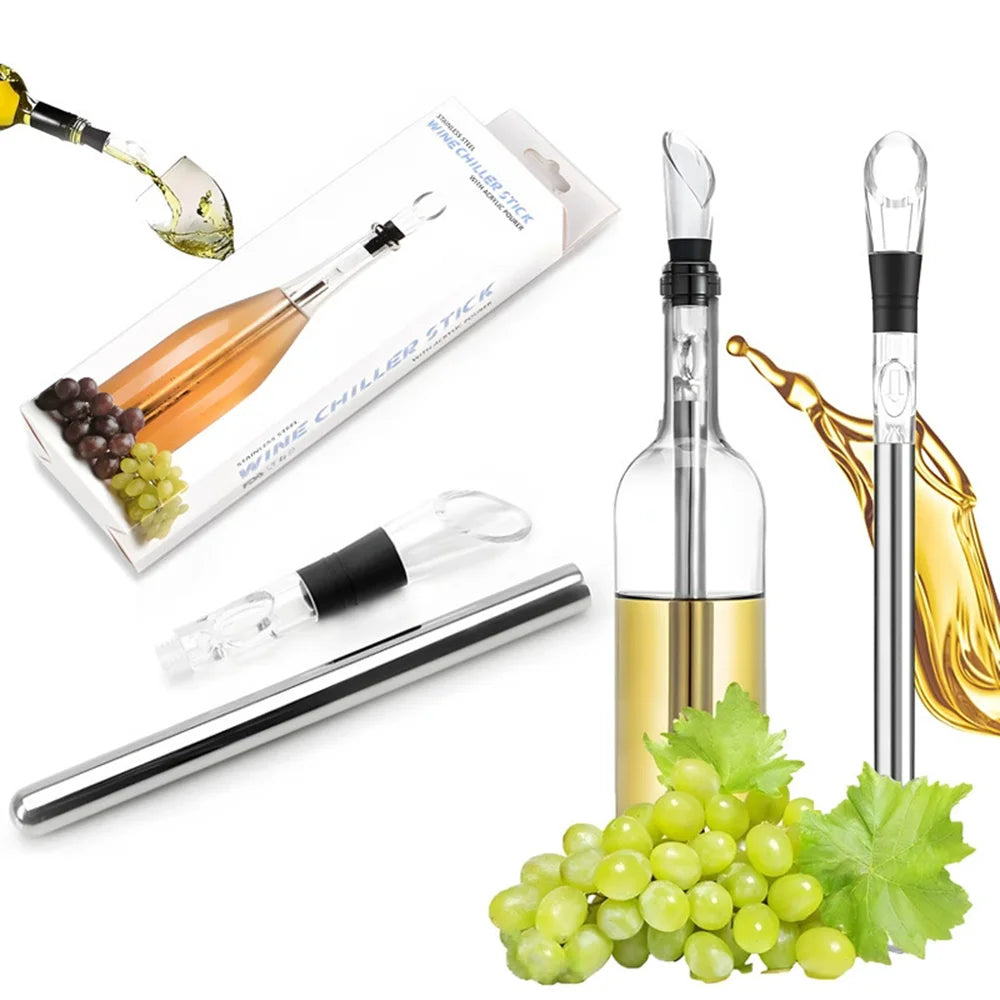 Refroidisseur de Vin 4-en-1 en Acier Inoxydable – Bâton Rafraîchissant avec Bouchon Bec Verseur et Aérateur