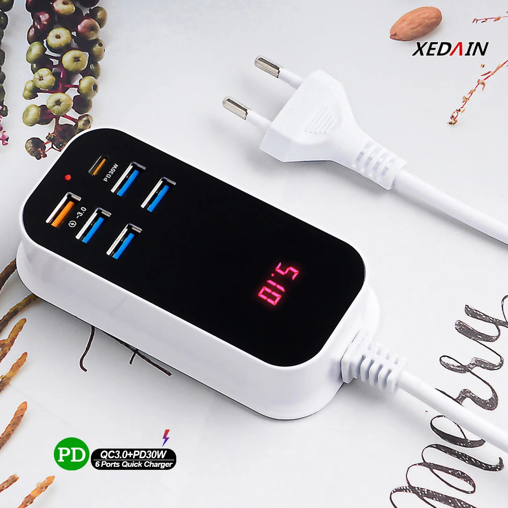 Hub Chargeur USB 6 en 1 30W Type C et USB - 1,5 mètre