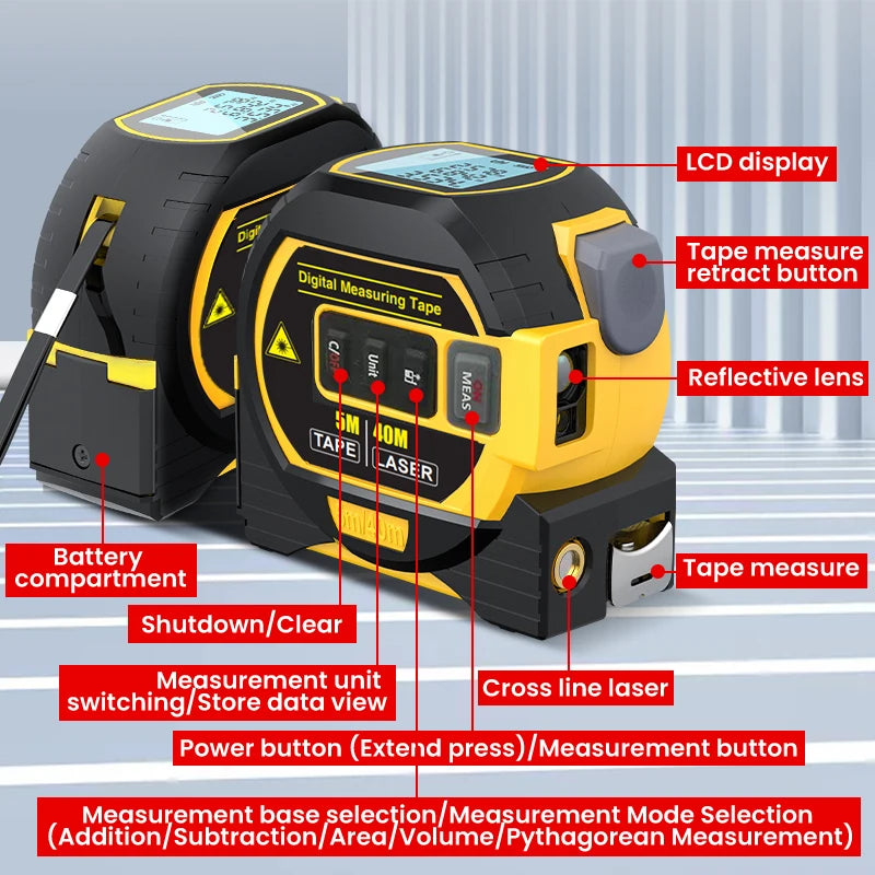 Mètre numérique 3 en 1 - Télémètre, Mètre-ruban et Laser