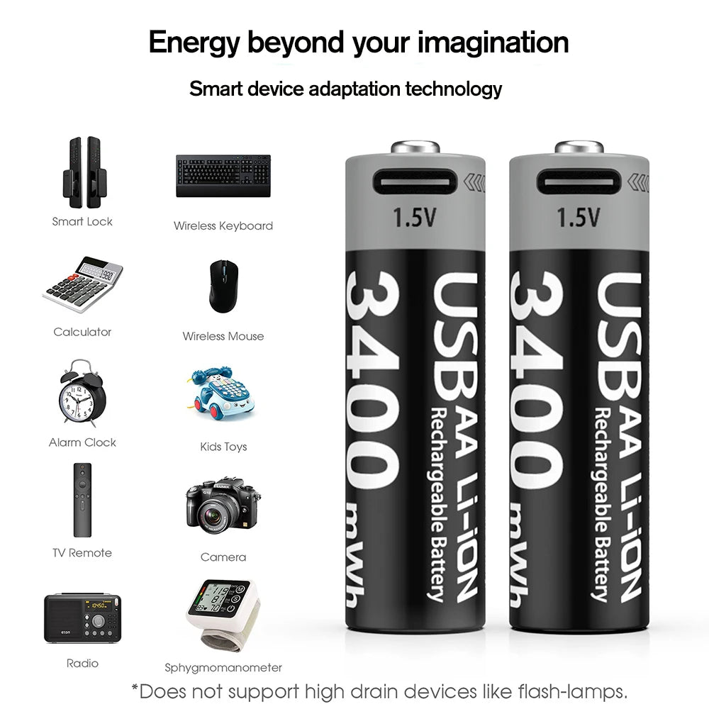 Lot de 4 Piles Rechargeables USB-C - AAA & AA