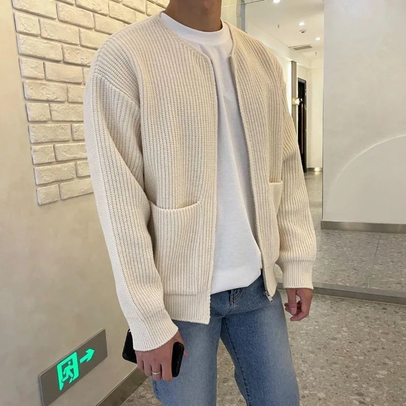 Cardigan Simple à Col Rond et Fermeture Éclair pour Homme