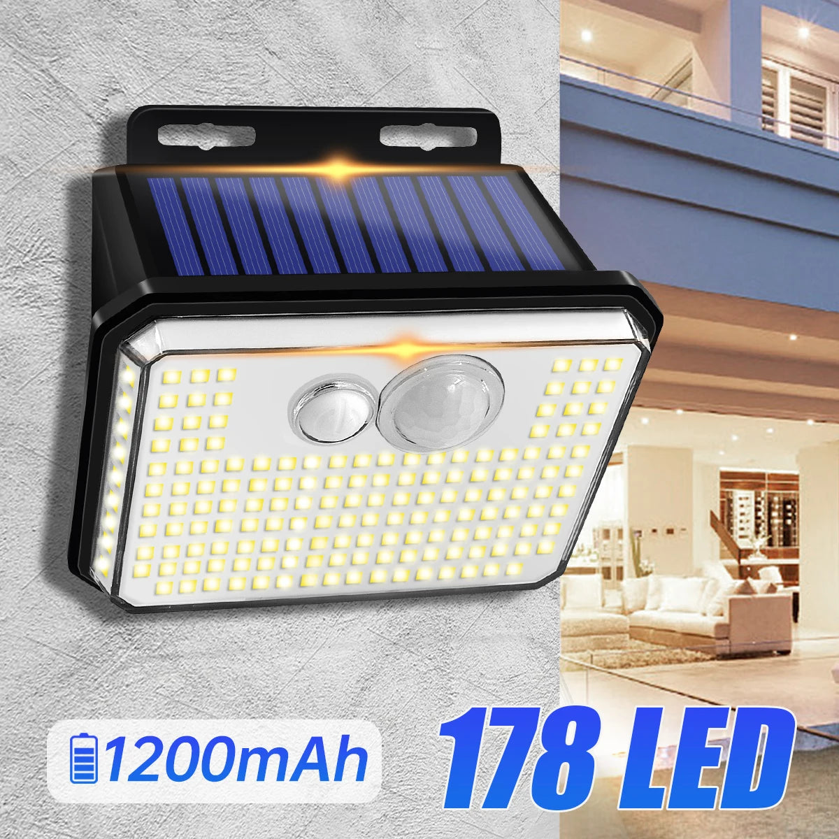 Applique murale solaire 178 LED Puissantes - Waterproof et détecteur de mouvement intégré
