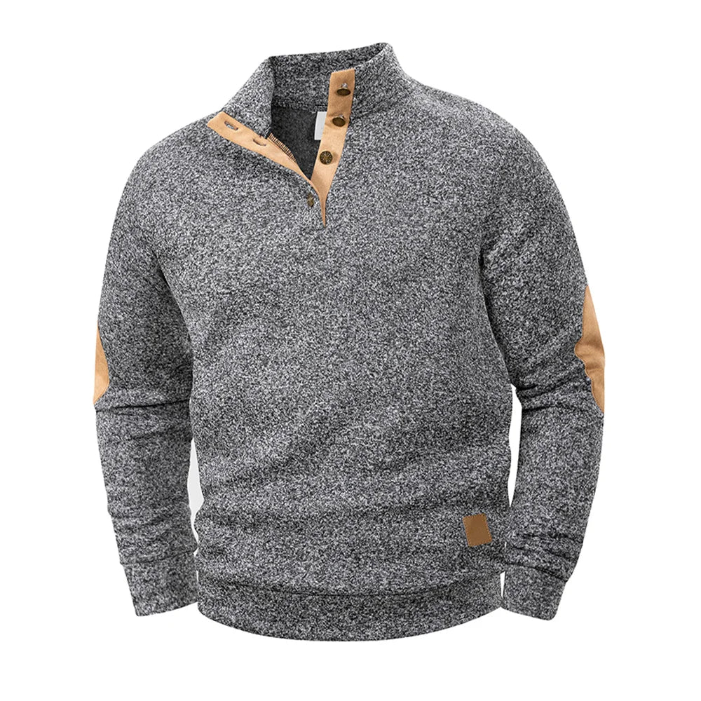 Pull Décontracté pour Homme - Détail Col Montant à Boutons & Coudières
