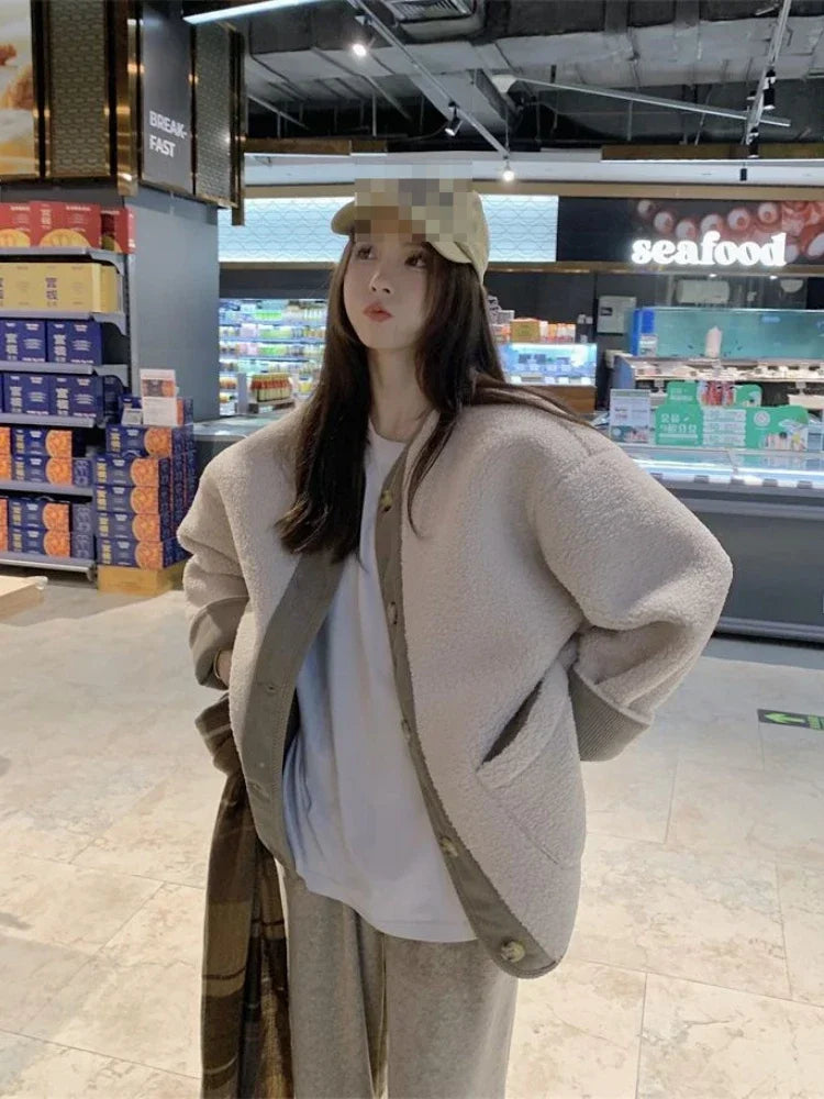 Veste baseball en peluche et velour cotelé col rond - Femme