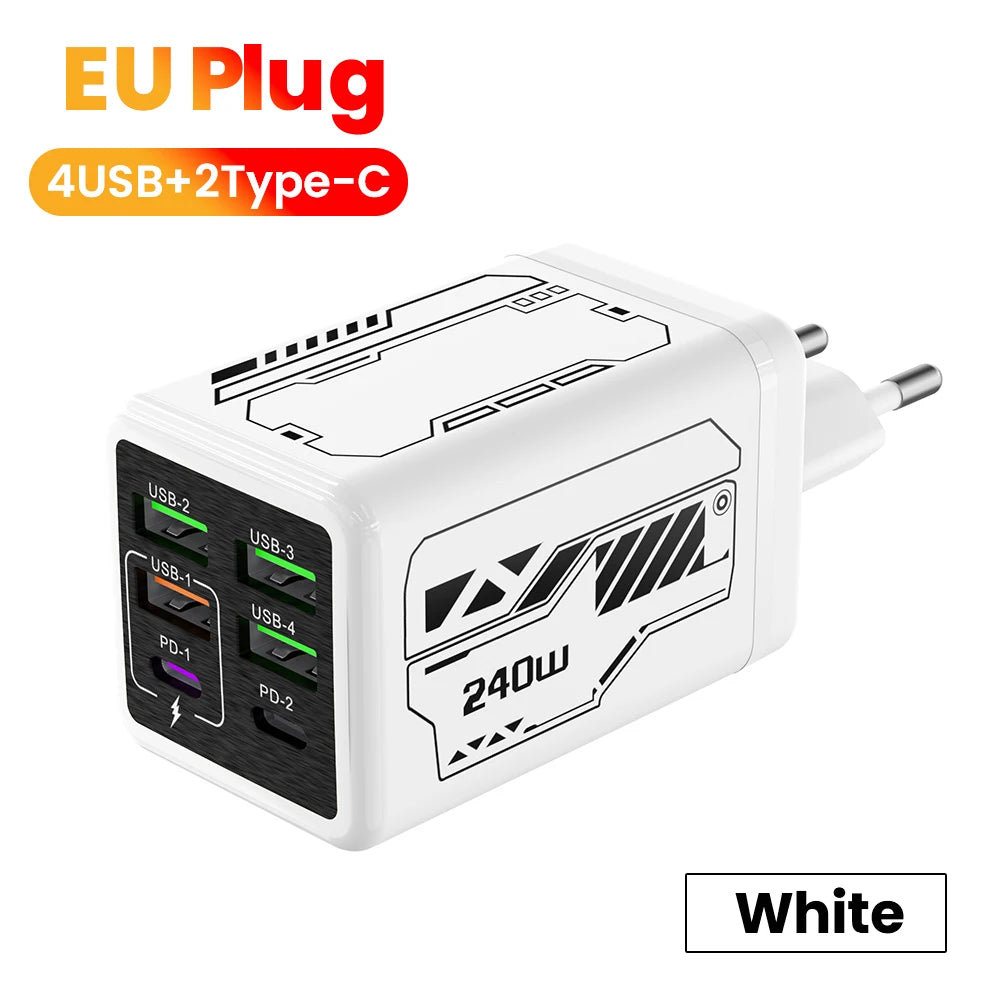 Chargeur USB-C 240W Ultra Rapide – 6 Ports (4 USB + 2 Type-C) PD3.0 pour iPhone et Samsung