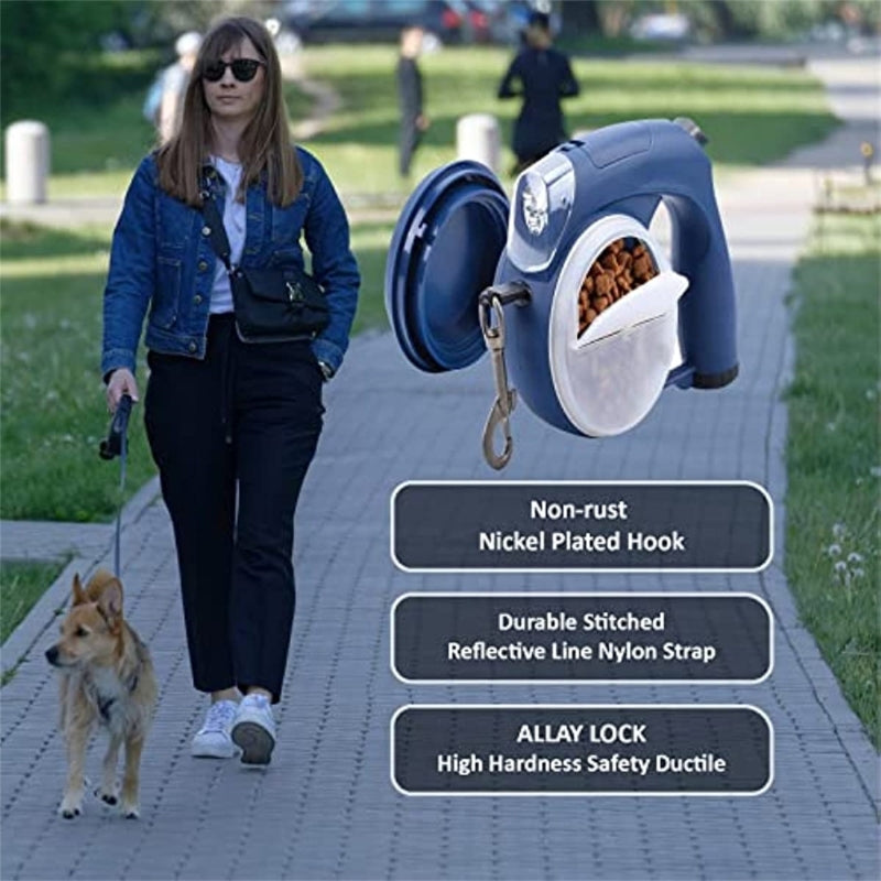 Laisse rétractable 4 en 1 - Gamelles Croquettes & Eau, Sac extrêment et Lampe Torche