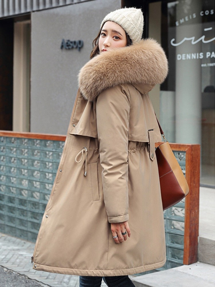 Parka mi longue doublée à capuche fausse fourrure