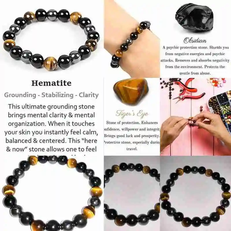 Bracelet Triple Protection - Œil de Tigre, Hématite et Obsidienne Noire