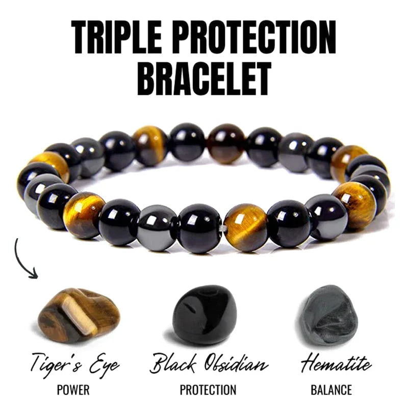 Bracelet Triple Protection - Œil de Tigre, Hématite et Obsidienne Noire