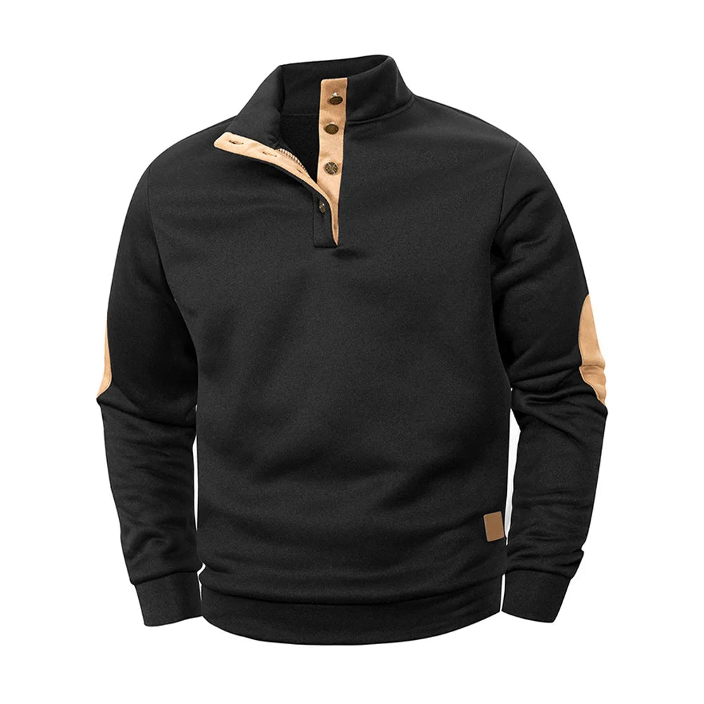Pull Décontracté pour Homme - Détail Col Montant à Boutons & Coudières
