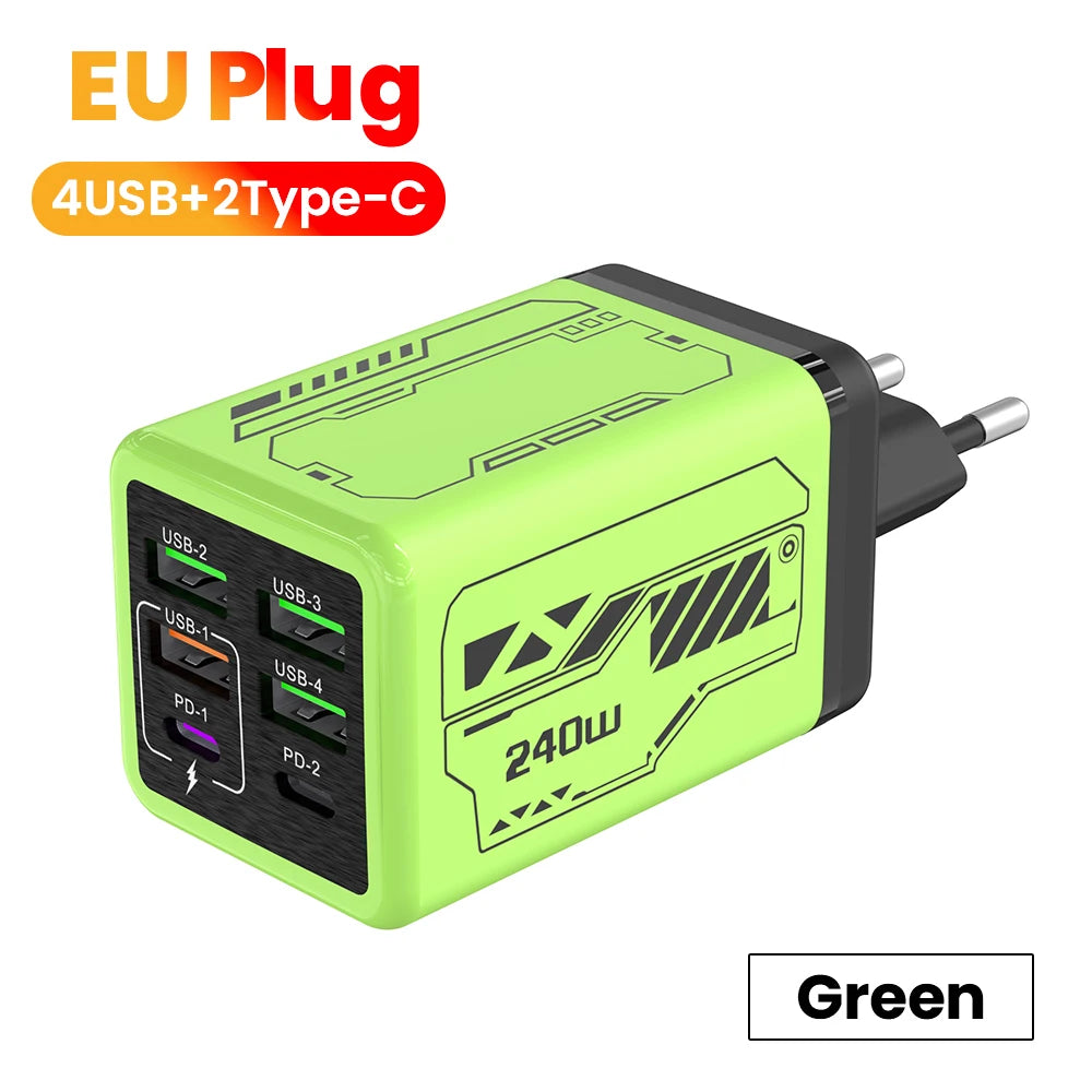 Chargeur USB-C 240W Ultra Rapide – 6 Ports (4 USB + 2 Type-C) PD3.0 pour iPhone et Samsung