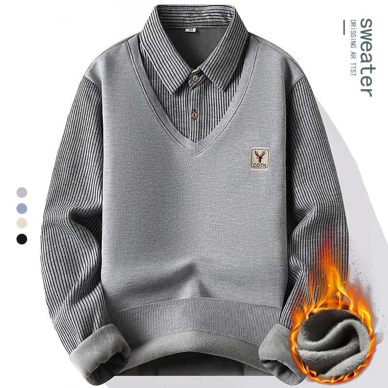Pull 2 en 1 avec Chemise à Rayures Doublure Polaire