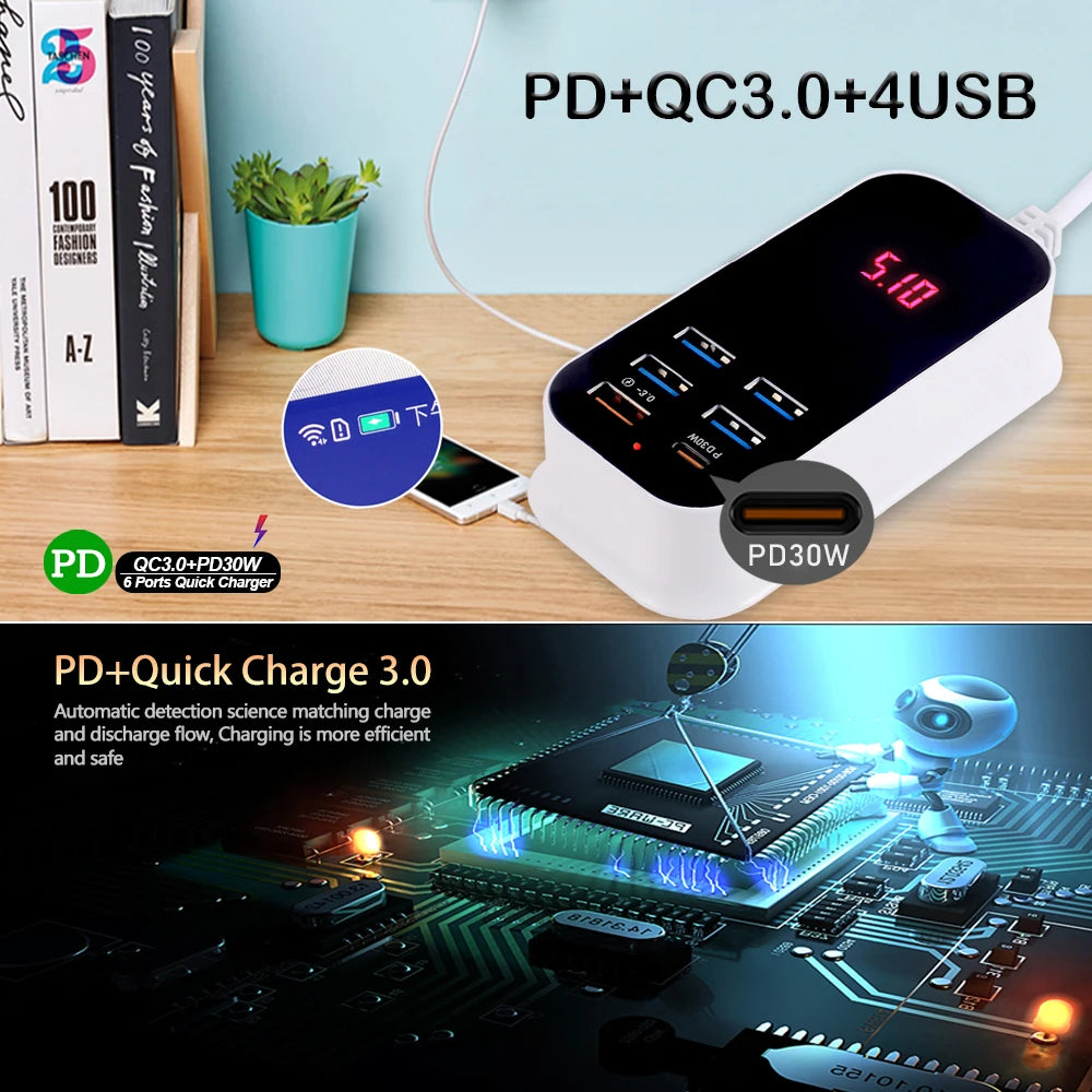 Hub Chargeur USB 6 en 1 30W Type C et USB - 1,5 mètre