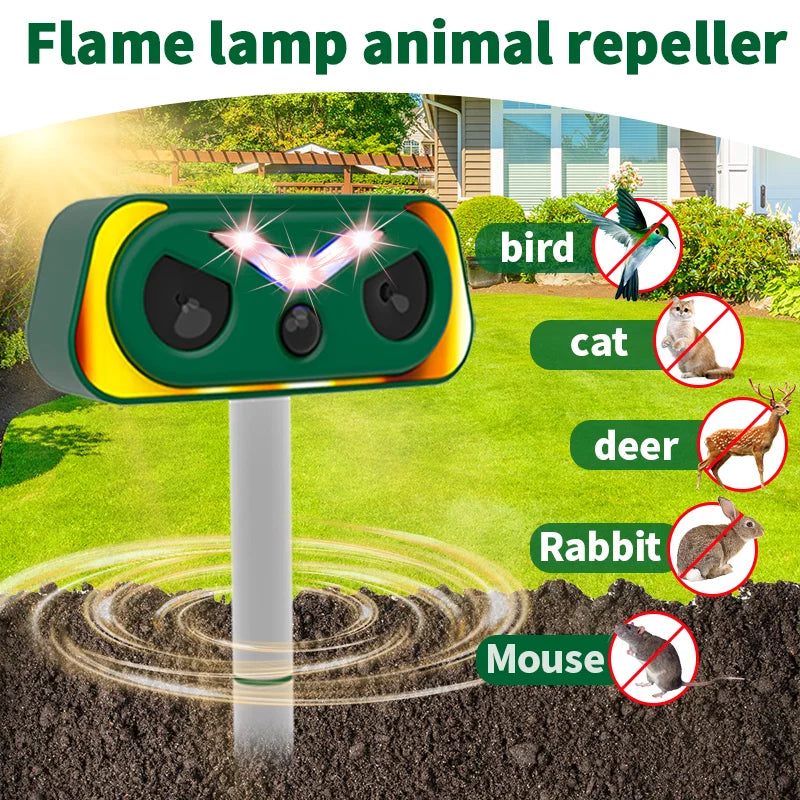 Répulsif Ultrasonique Animaux Solaire & USB Extérieur Imperméable