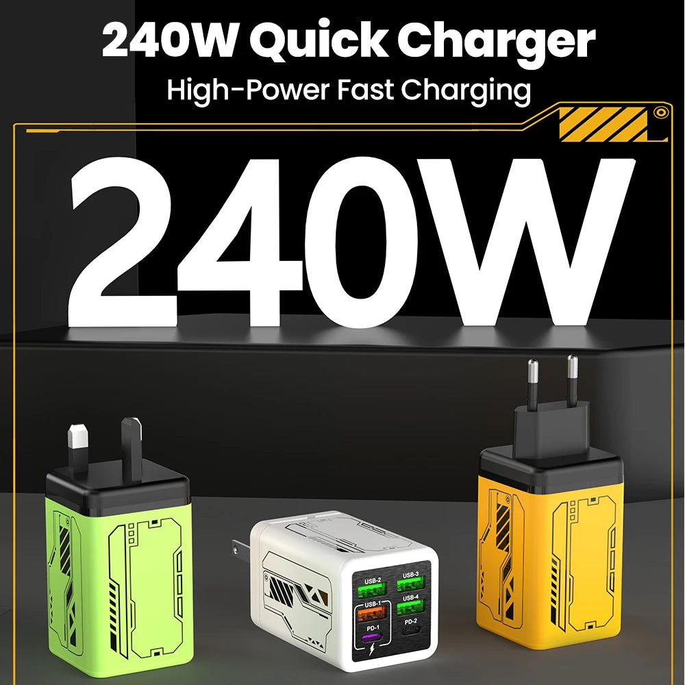 Chargeur USB-C 240W Ultra Rapide – 6 Ports (4 USB + 2 Type-C) PD3.0 pour iPhone et Samsung