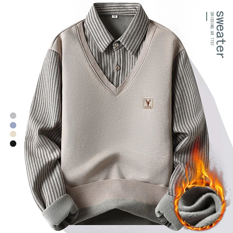 Pull 2 en 1 avec Chemise à Rayures Doublure Polaire