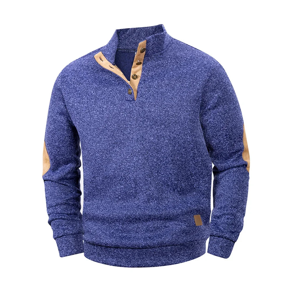 Pull Décontracté pour Homme - Détail Col Montant à Boutons & Coudières
