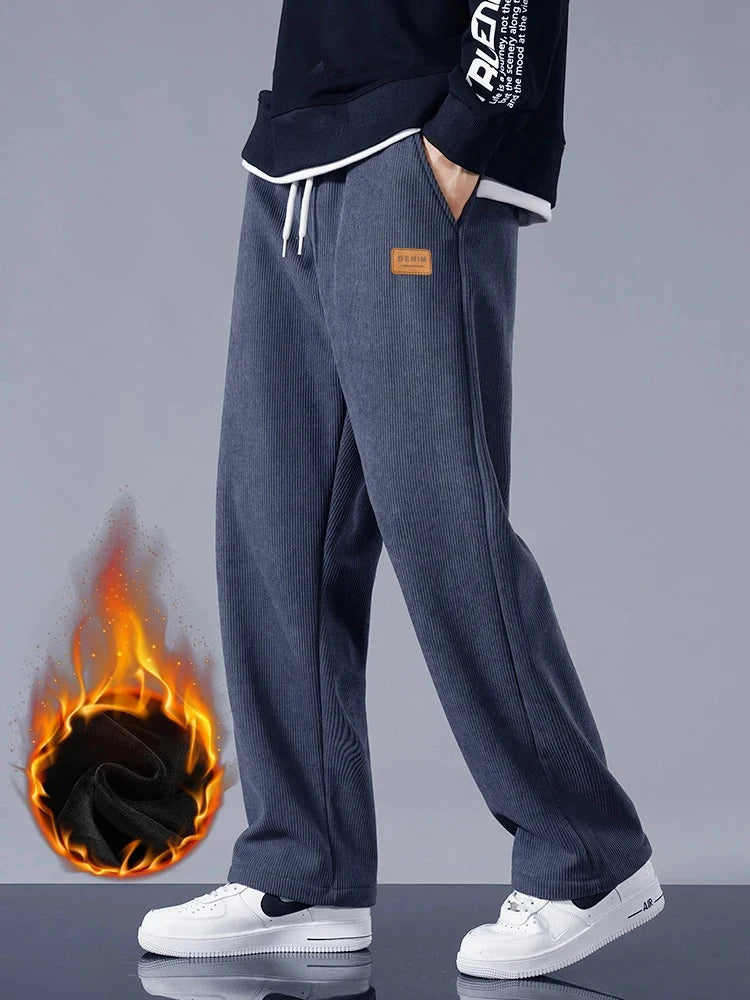 Pantalon Casual Ample en Velours Côtelé avec Doublure Polaire