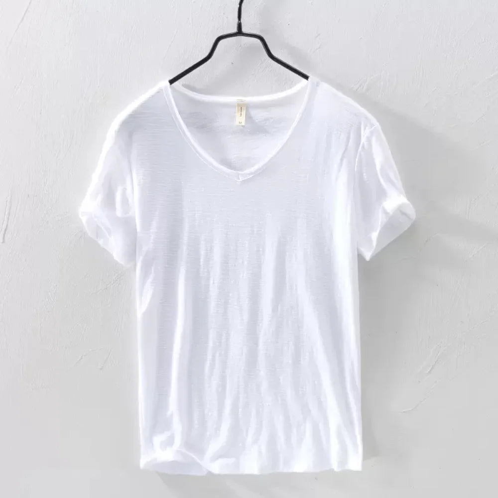 T-Shirt Slim à Manches Courtes et Col en V en coton pour Homme