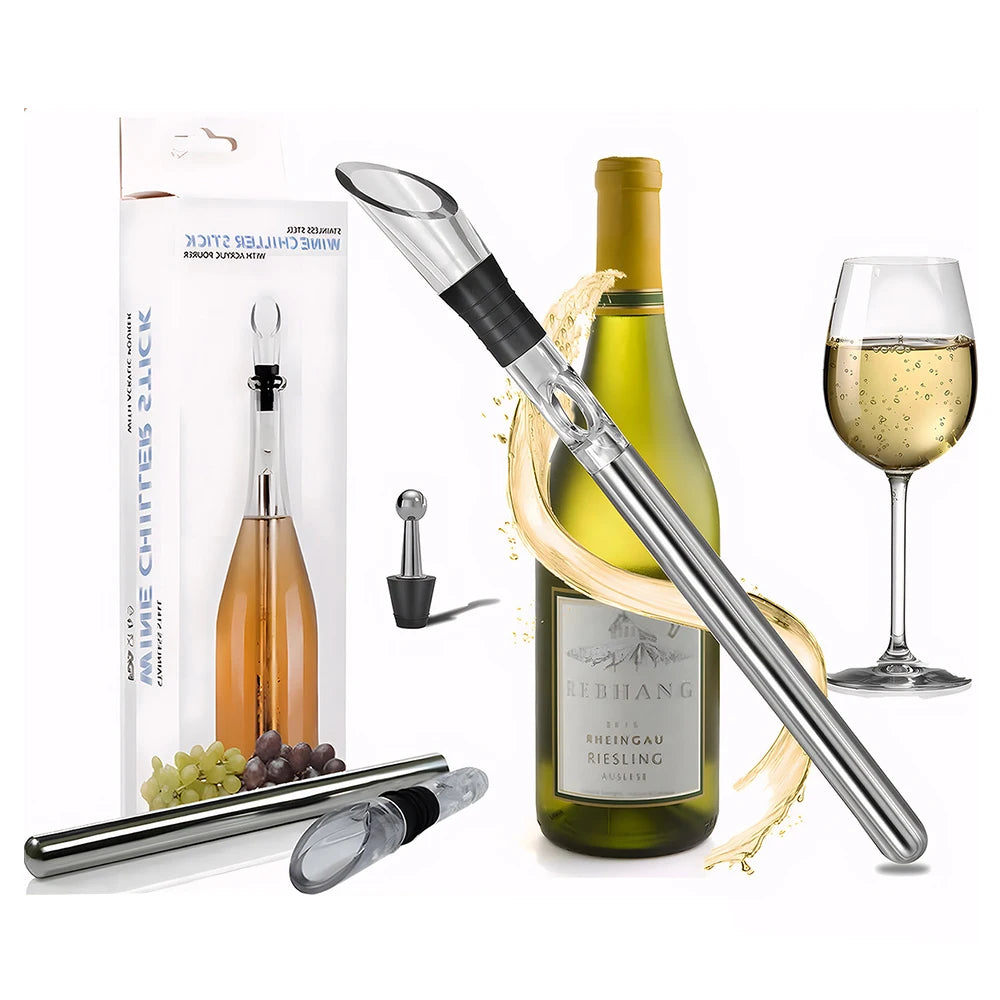 Refroidisseur de Vin 4-en-1 en Acier Inoxydable – Bâton Rafraîchissant avec Bouchon Bec Verseur et Aérateur