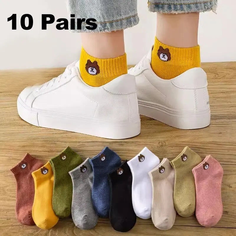 Lot de 10 paires de chaussettes basses pour femmes, motif ours mignon