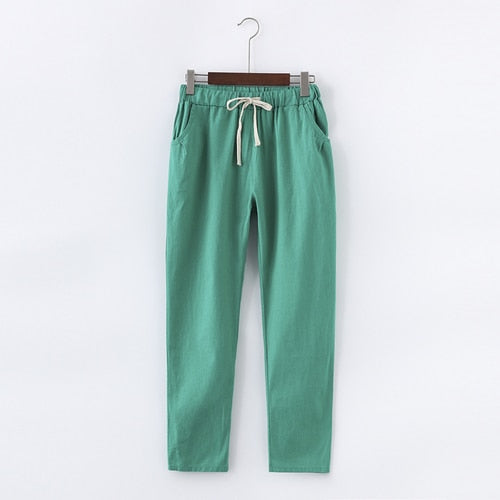 Pantalon en coton et lin pour femme - taille élastique