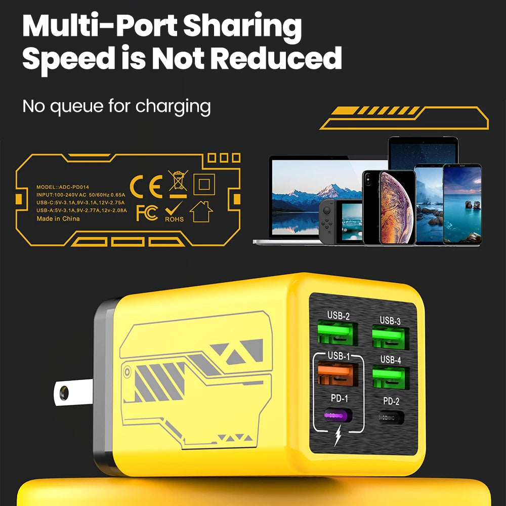 Chargeur USB-C 240W Ultra Rapide – 6 Ports (4 USB + 2 Type-C) PD3.0 pour iPhone et Samsung