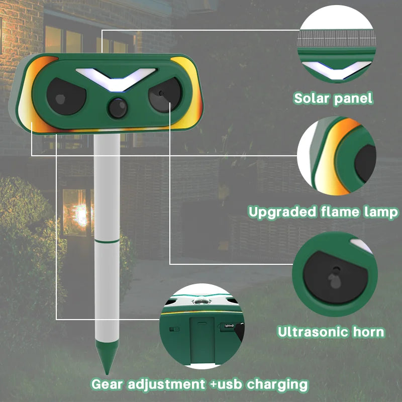 Répulsif Ultrasonique Animaux Solaire & USB Extérieur Imperméable